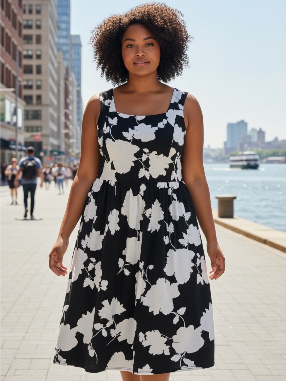 Lane Bryant Black & White Floral Fit and Flare Midi Dress with Pockets 18/20